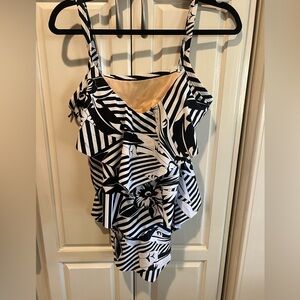 Black and White Tiered Ruffled Swim
Top